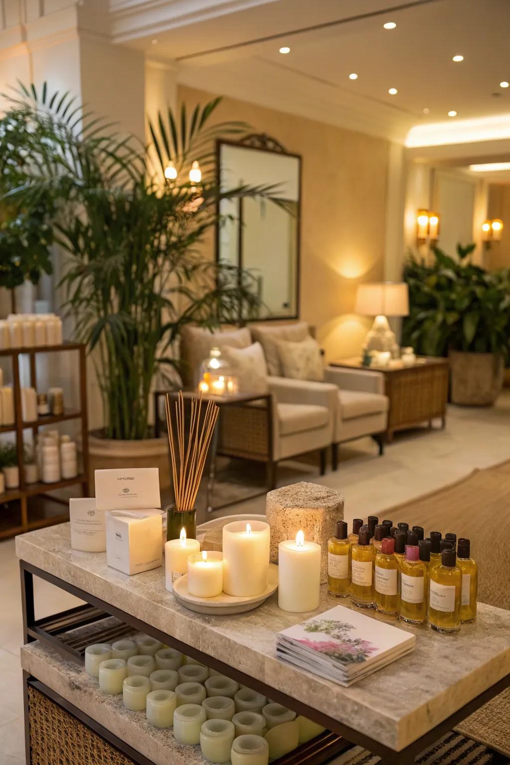 A salon reception area filled with a pleasant scent, creating a warm atmosphere.