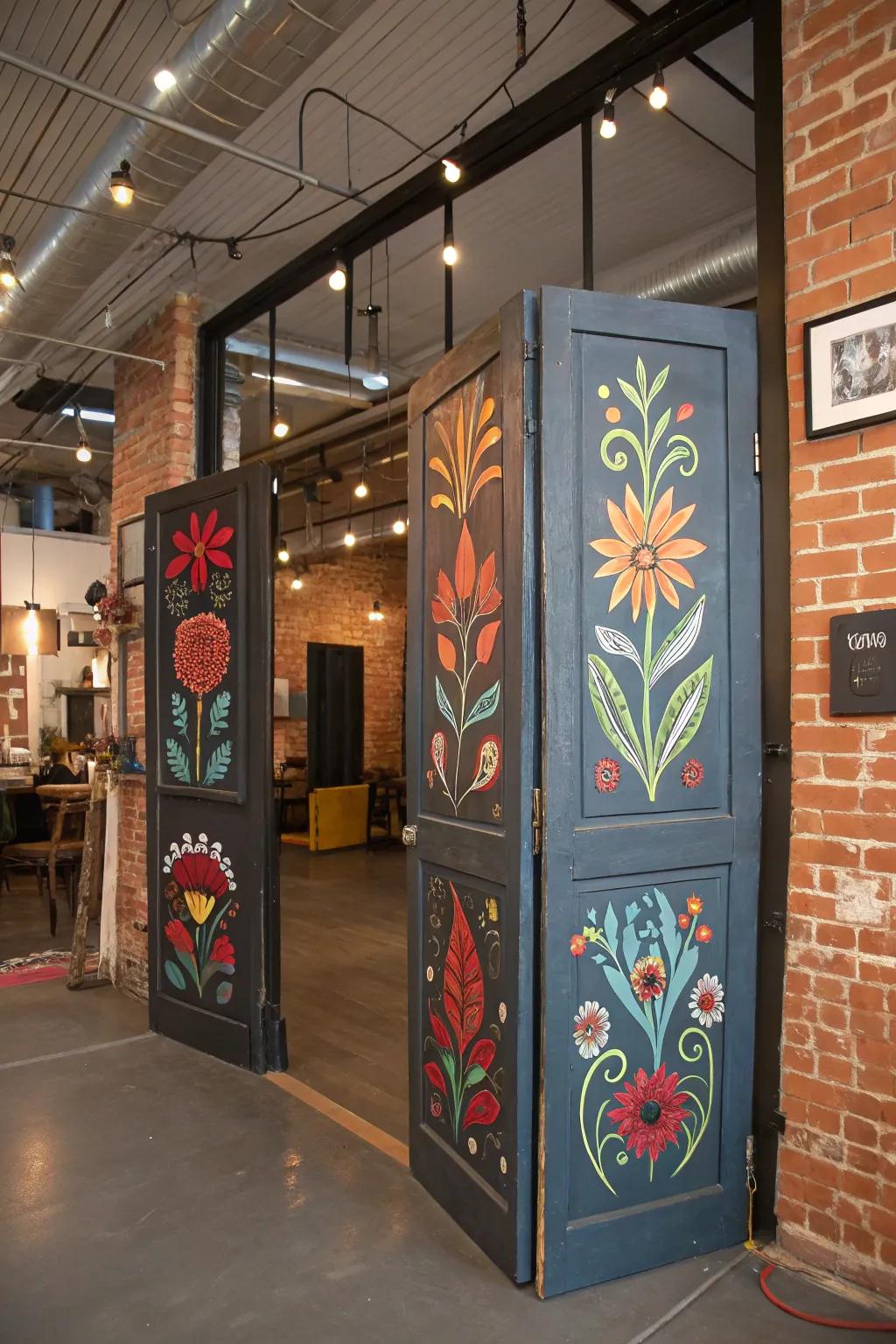 Custom-painted swinging doors offer artistic flair.