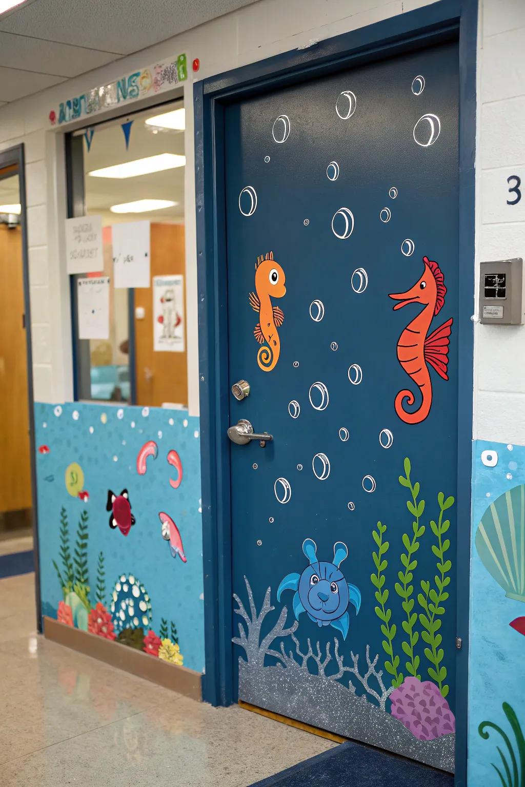 An exciting aquatic-themed school entrance featuring sea creatures.