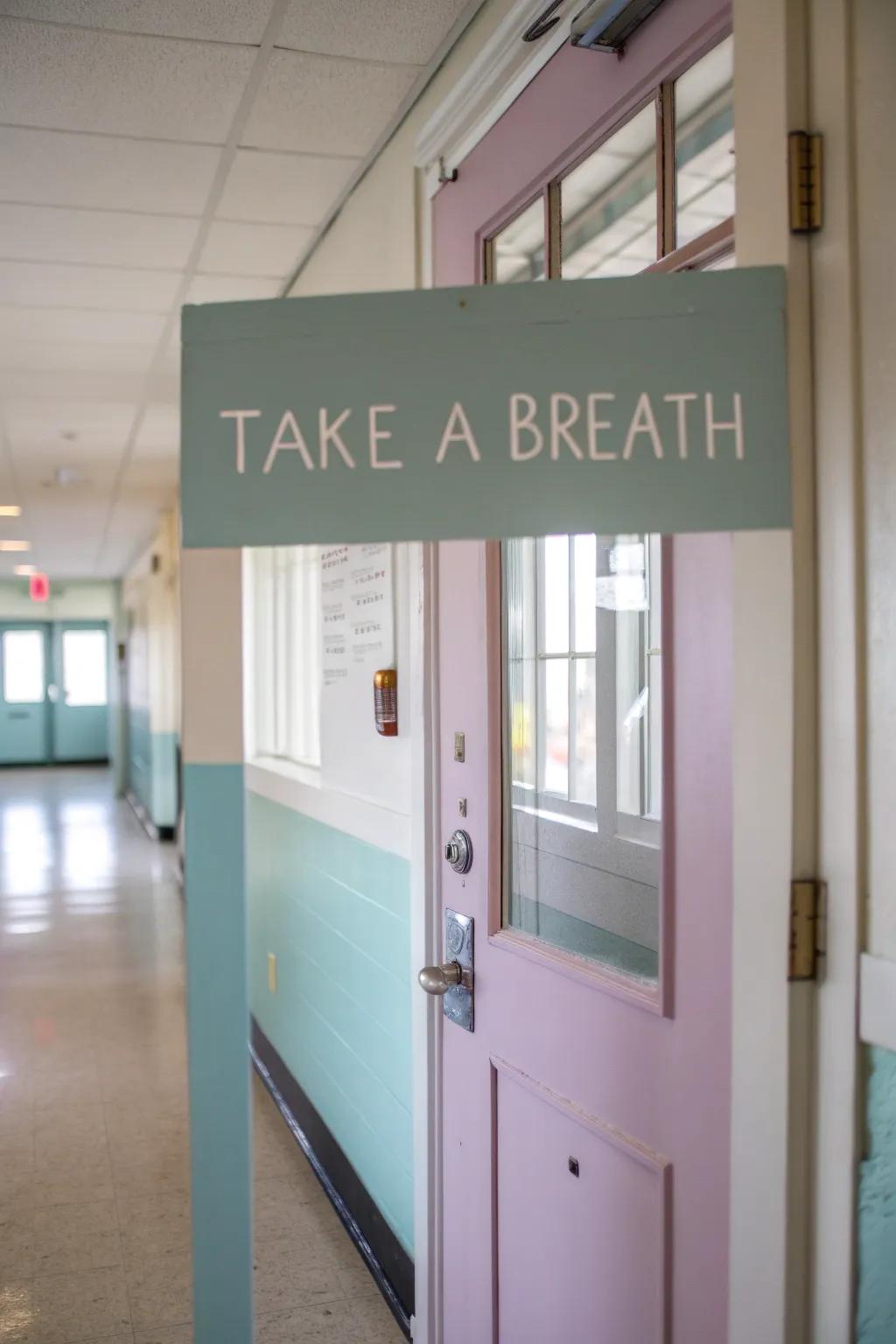 A school nurse’s door featuring mindfulness messages for relaxation.