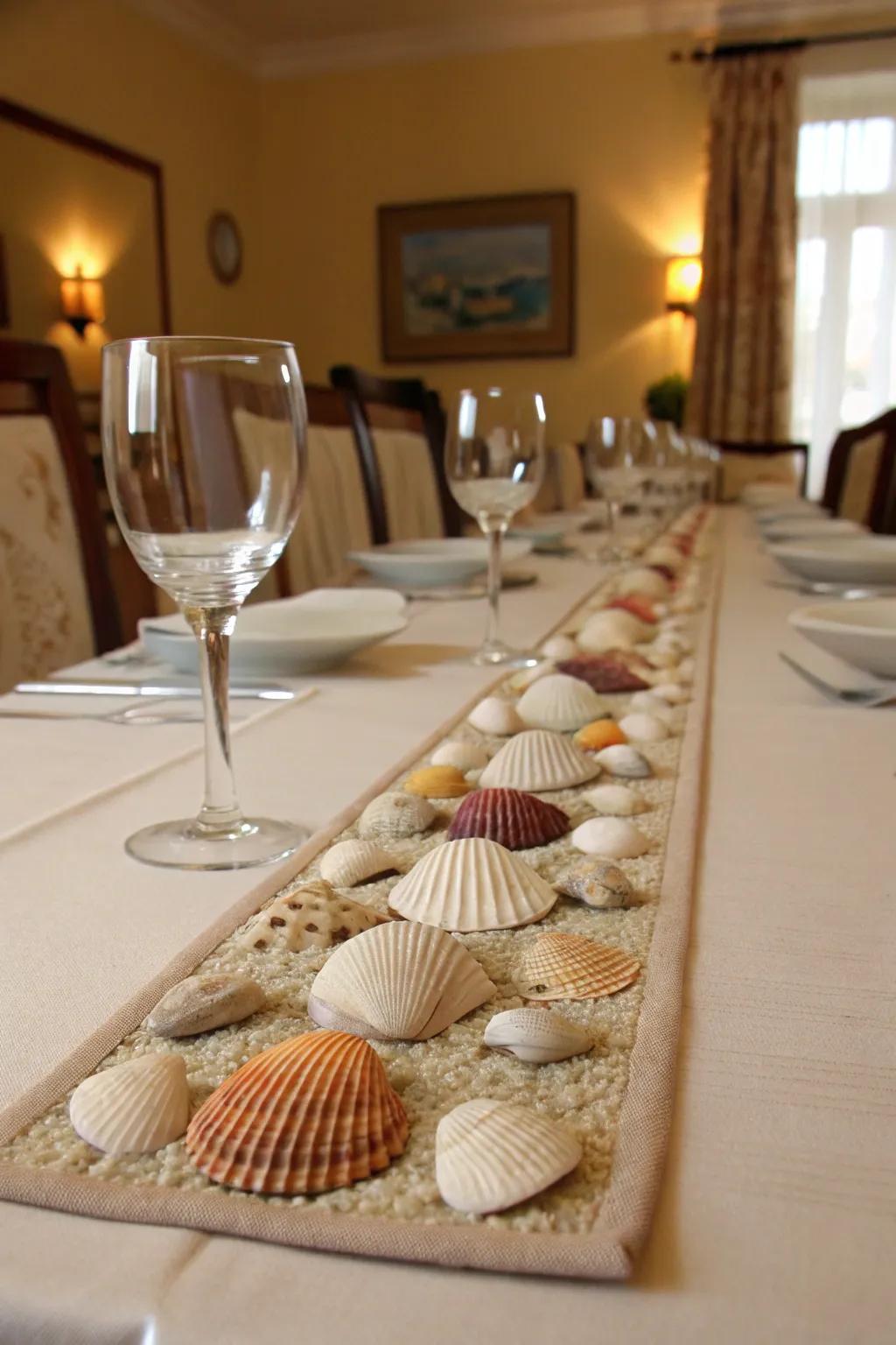 A seashell table pathway renders a breathtaking centerpiece for dining affairs.
