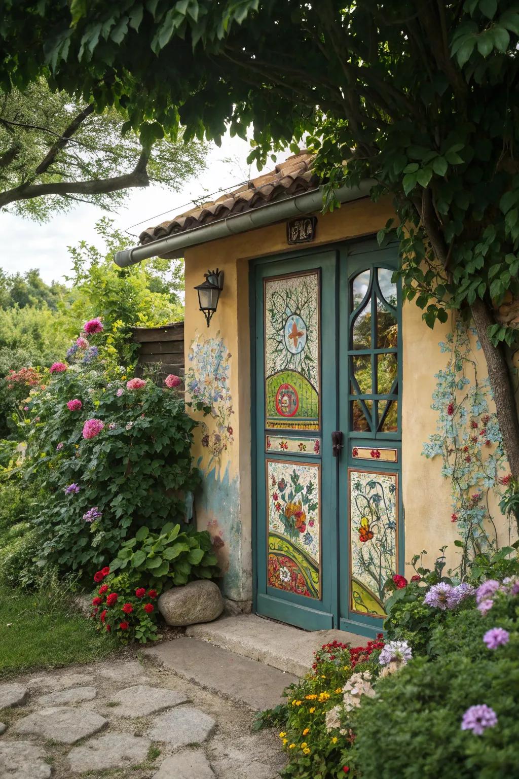 A mural transforms this garden door into a lively work of art.