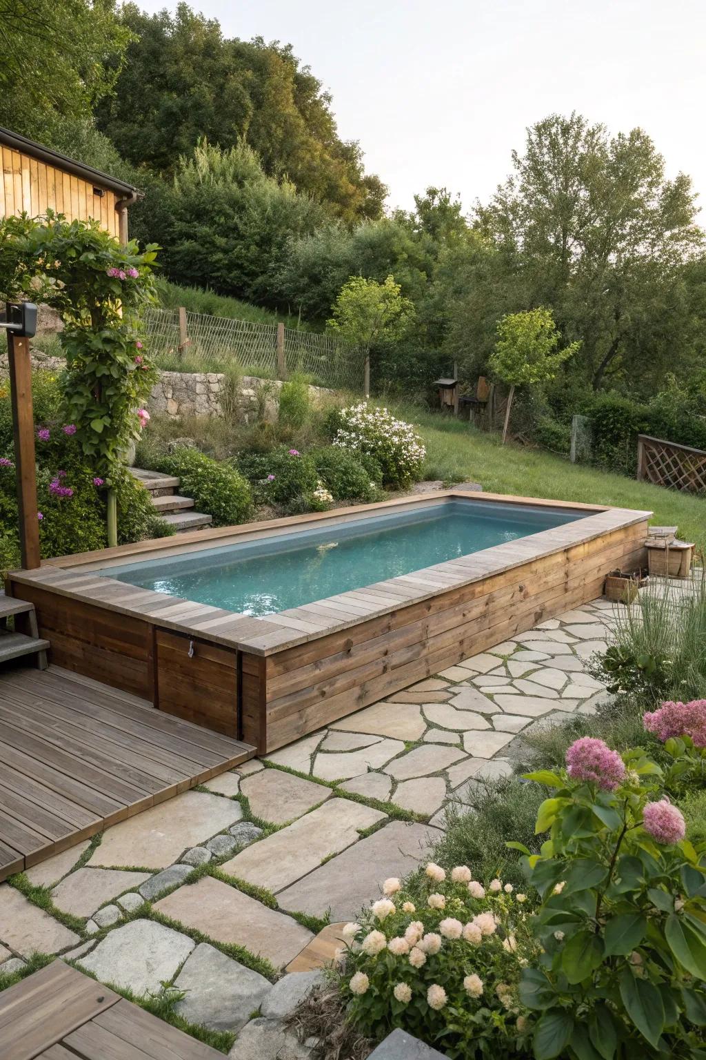 A rustic wood and stone combo creates a textured and warm poolside feel.