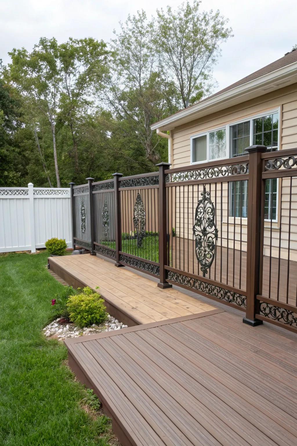Ornamental metal grilles provide artistry and privacy in this welcoming outdoor area.