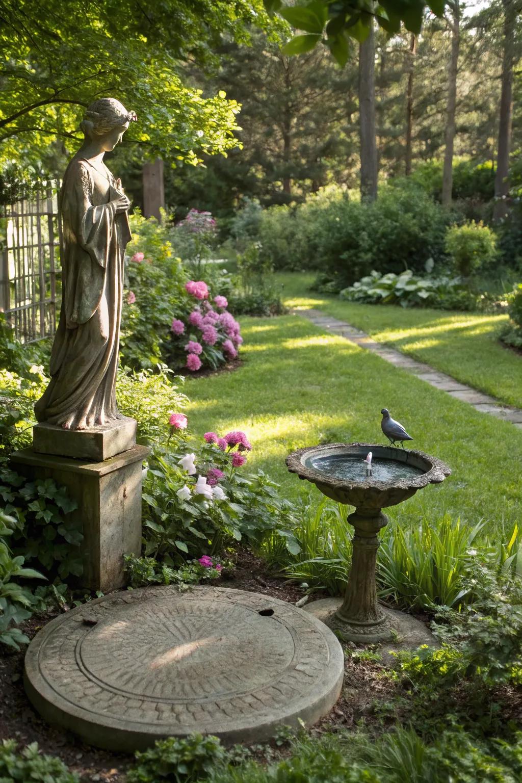 Sculptures and avian baths conjure refined garden attributes.