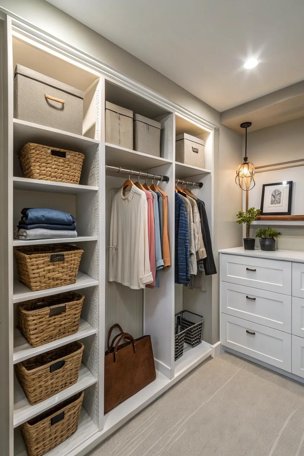 A shared closet effectively utilizing each alcove via intelligent storage methodologies.