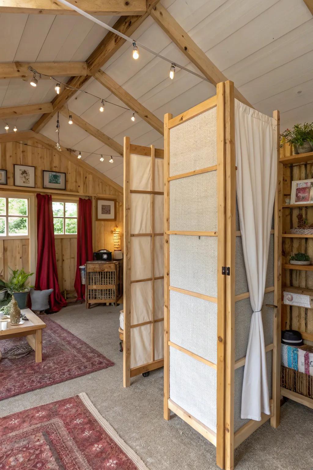 A shed home interior showcasing ingenious area dividers for defined spaces.