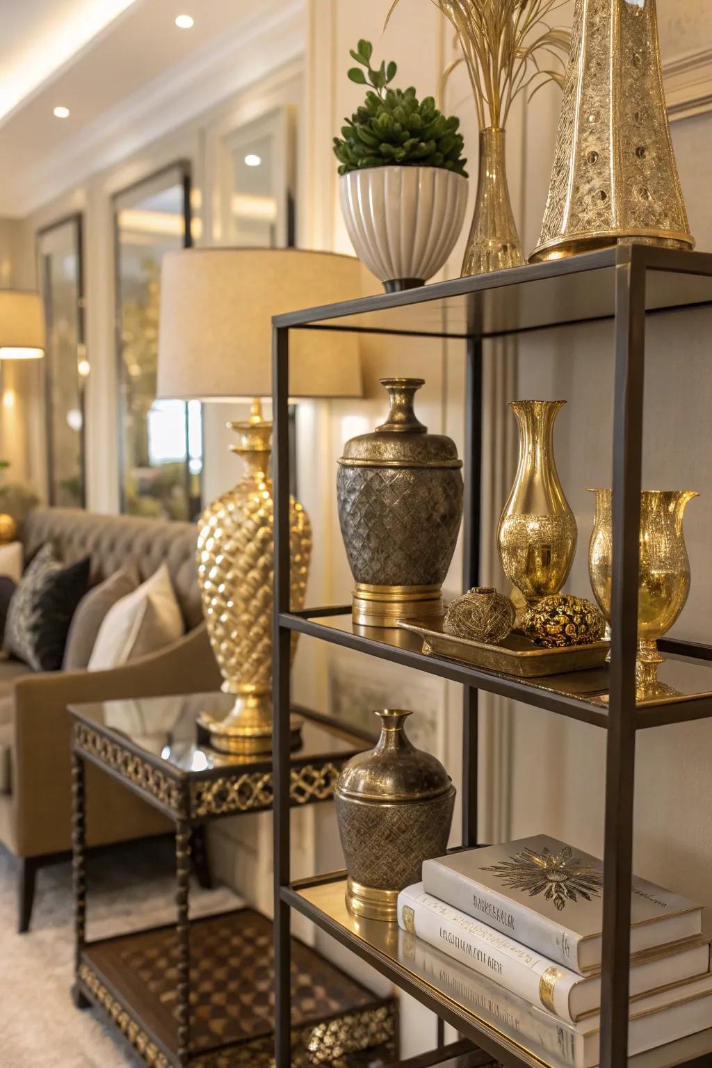 Metallic elements bring sophistication and glamour to shelves.