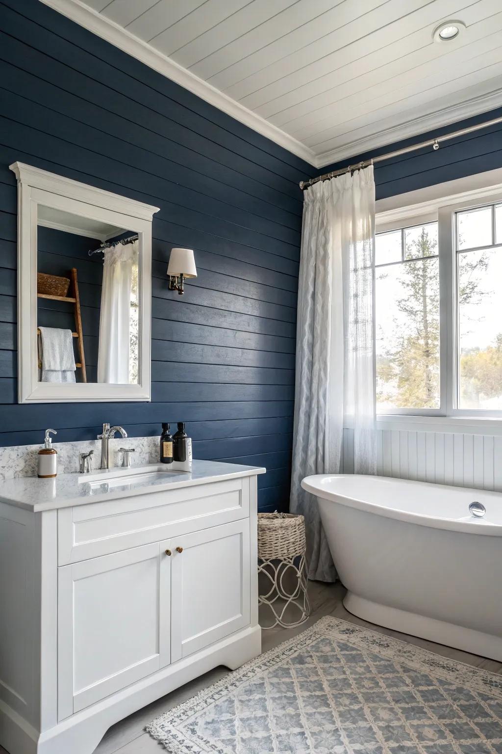 A bathroom showcasing navy wall planks for a bold statement.