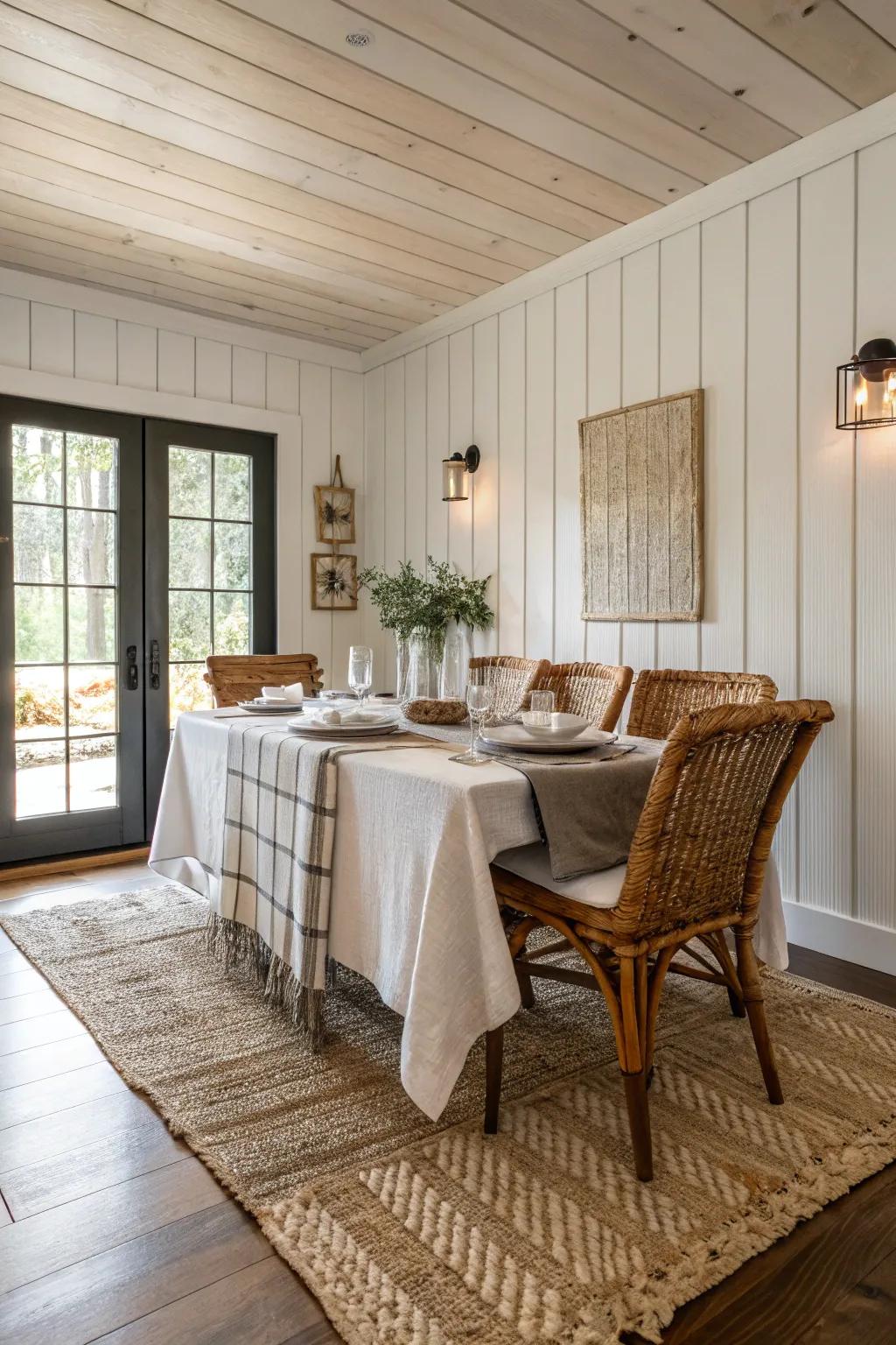 A dining room with textured strata and shiplap walls.