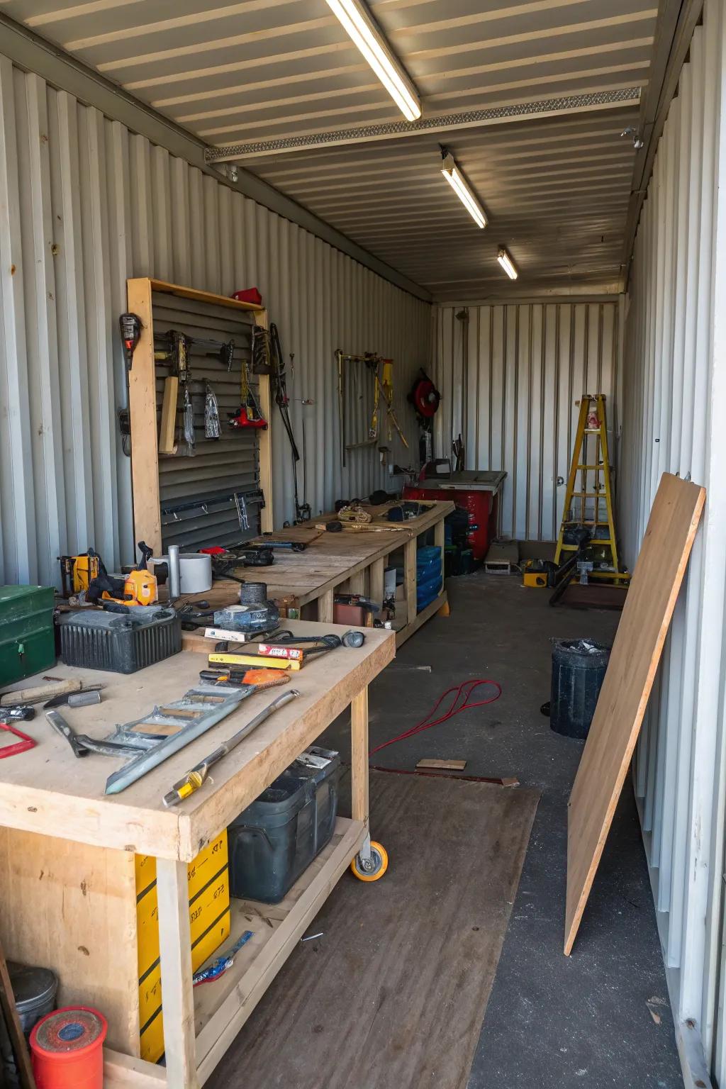 A busy workshop inside a metal box barn.