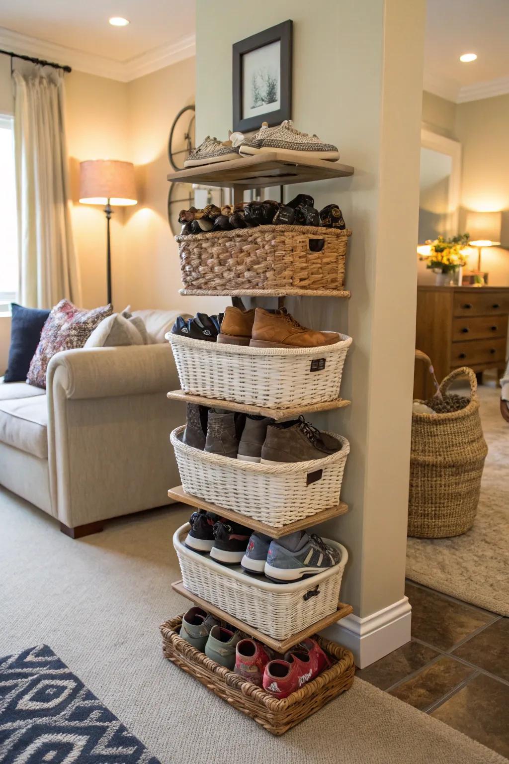 Basket towers present a fashionable and practical solution for organizing shoes.