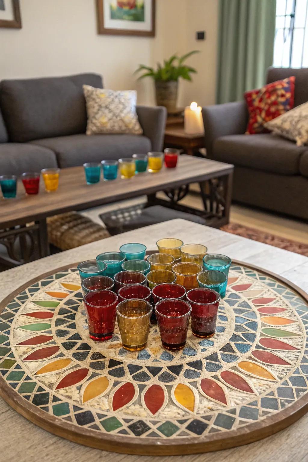 A lounge exhibits a mosaic composition of glasses as an artistic core element.