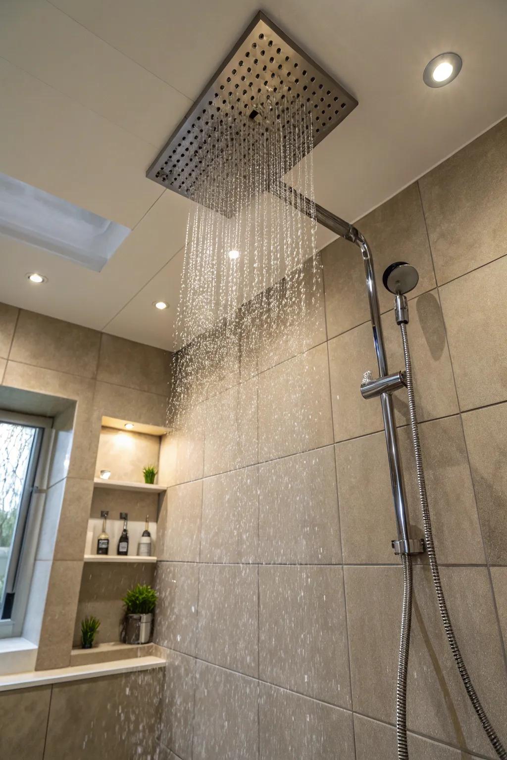 Experience luxury with a ceiling-mounted shower head.