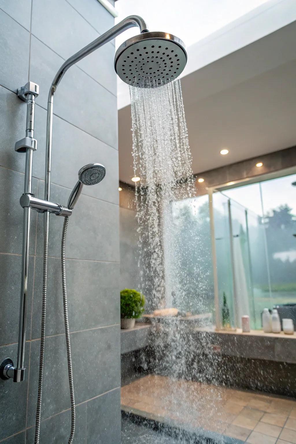 A shower enhanced with miniature waterfall components.