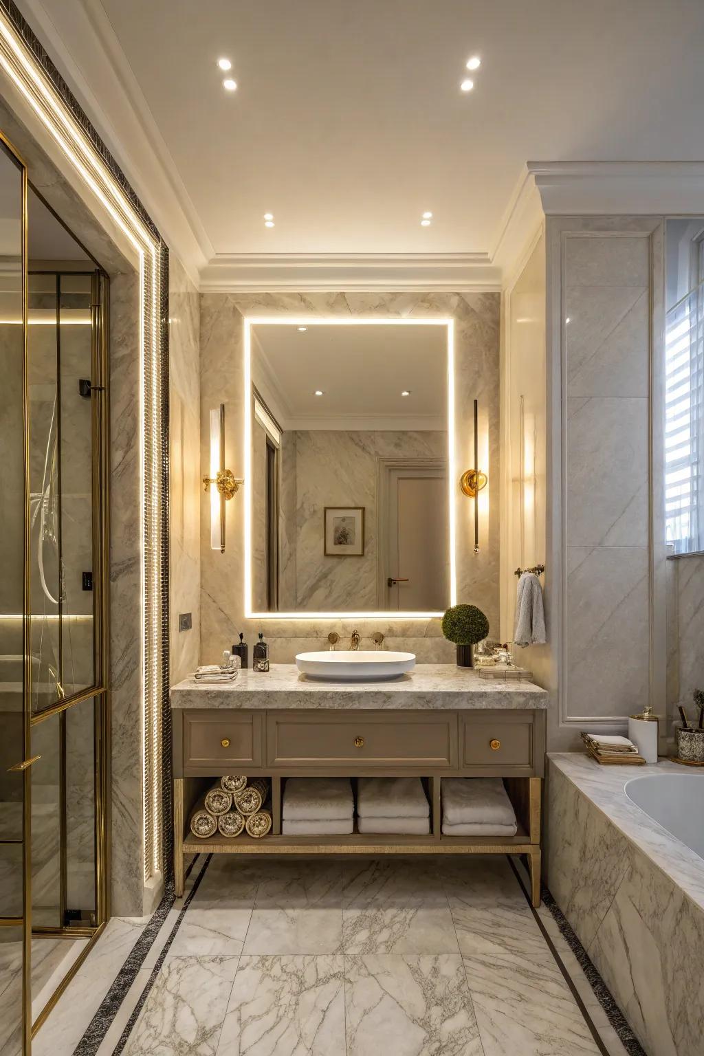 Backlit mirrors offer a soft, ambient glow in the shower.