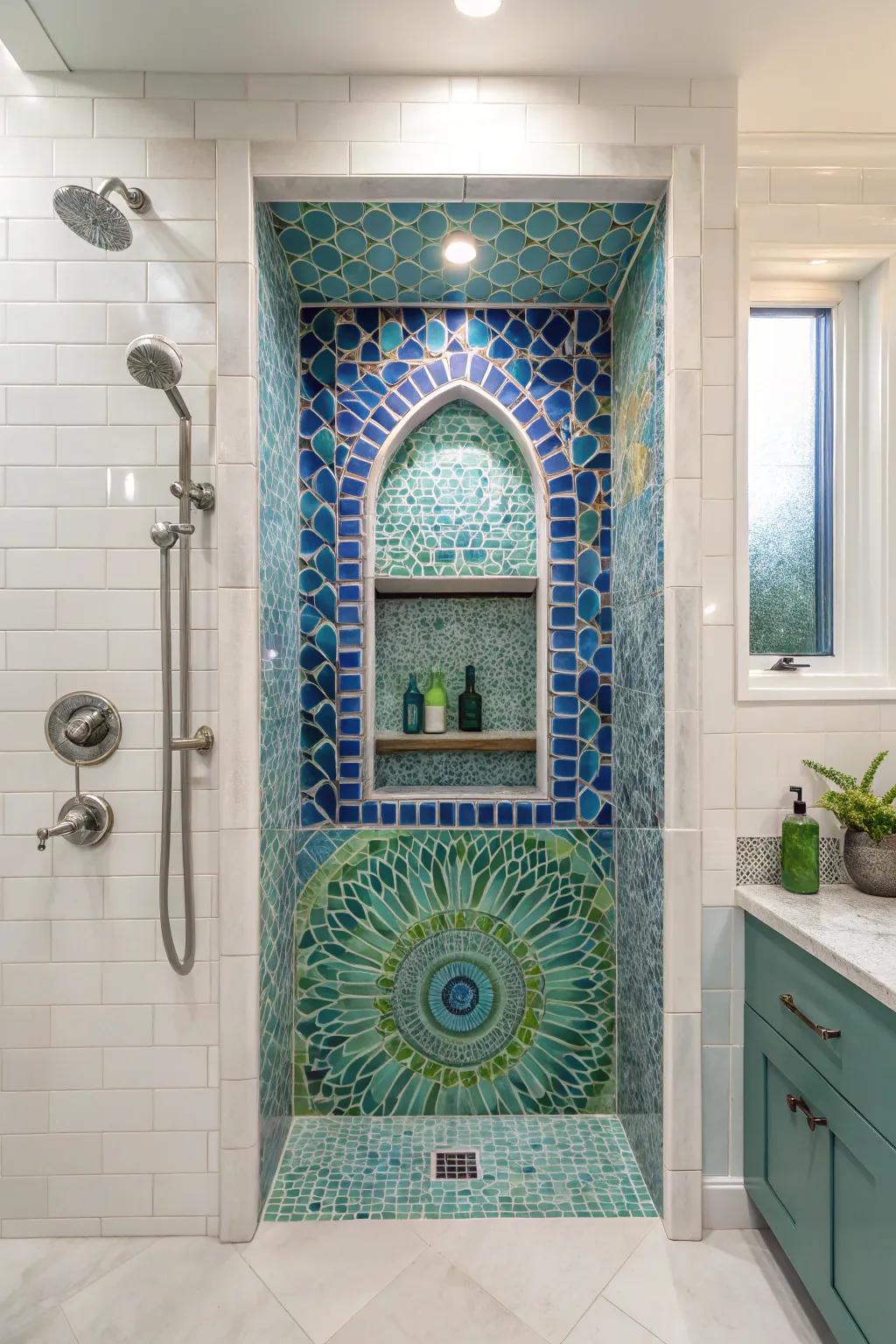 Artistic mosaic designs in a shower recess
