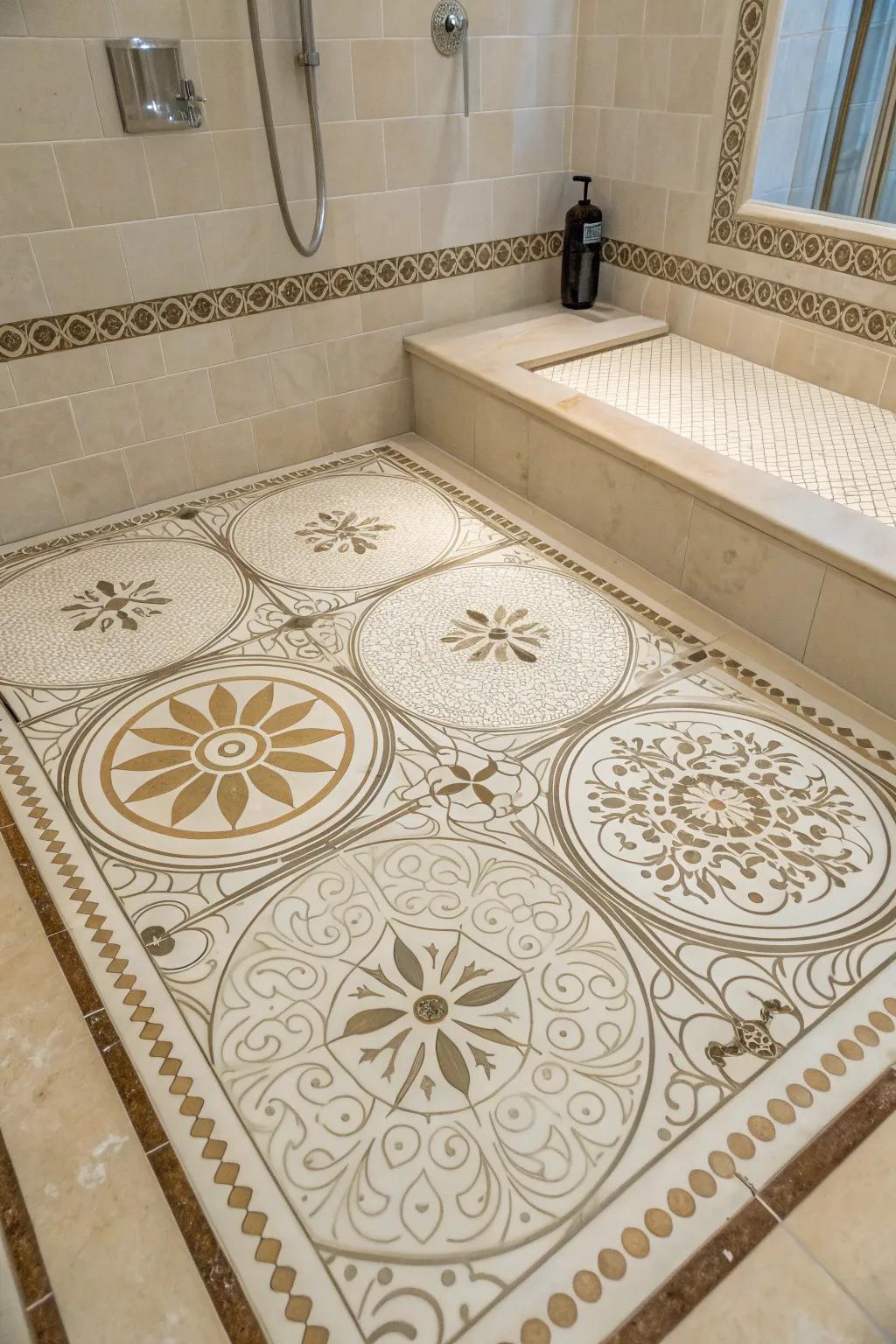 Intricate waterjet tile designs craft an artistic and high-end look on this shower base.
