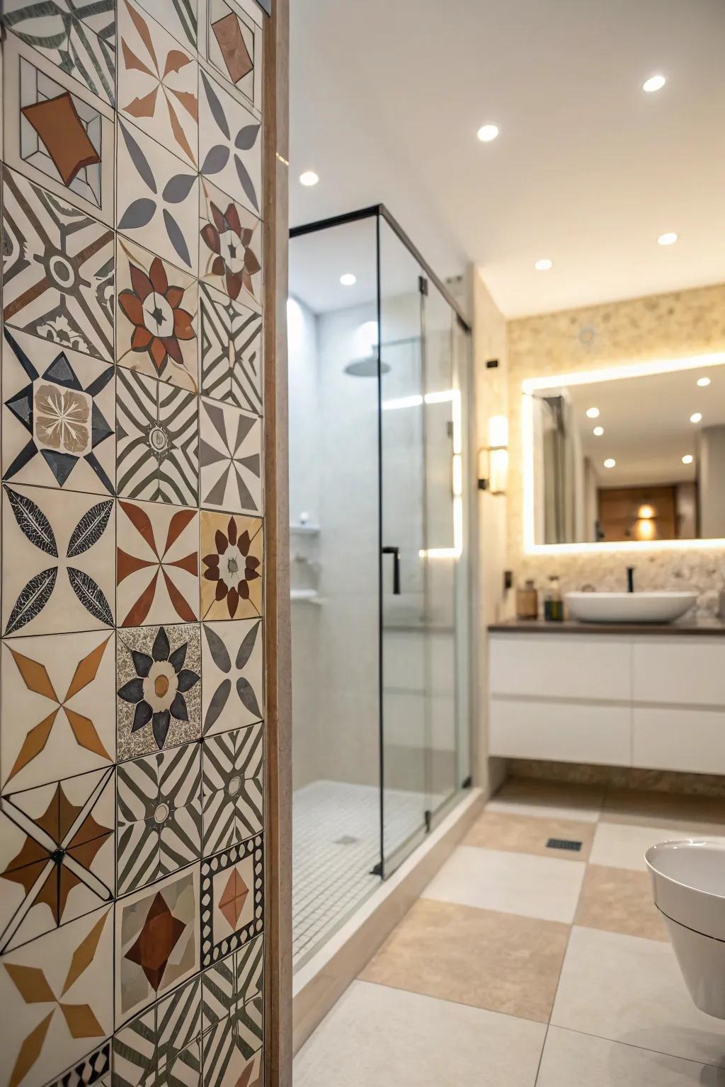 A modern shower space featuring stylish geometric patterns.