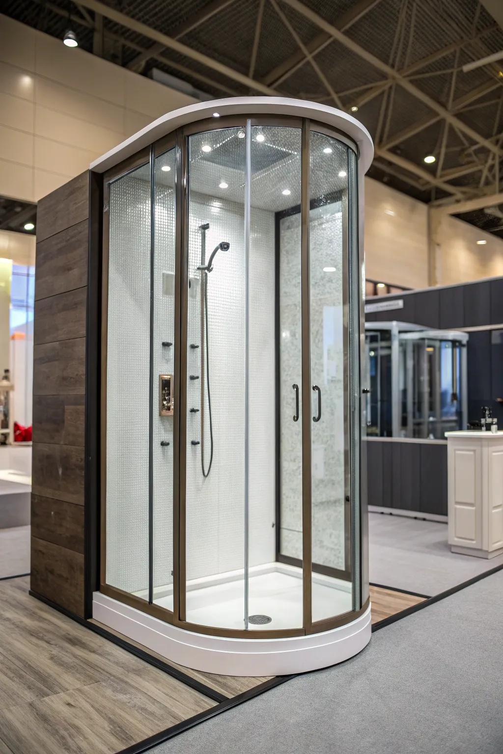 A shower stall with a bowed configuration that adds a touch of elegance.