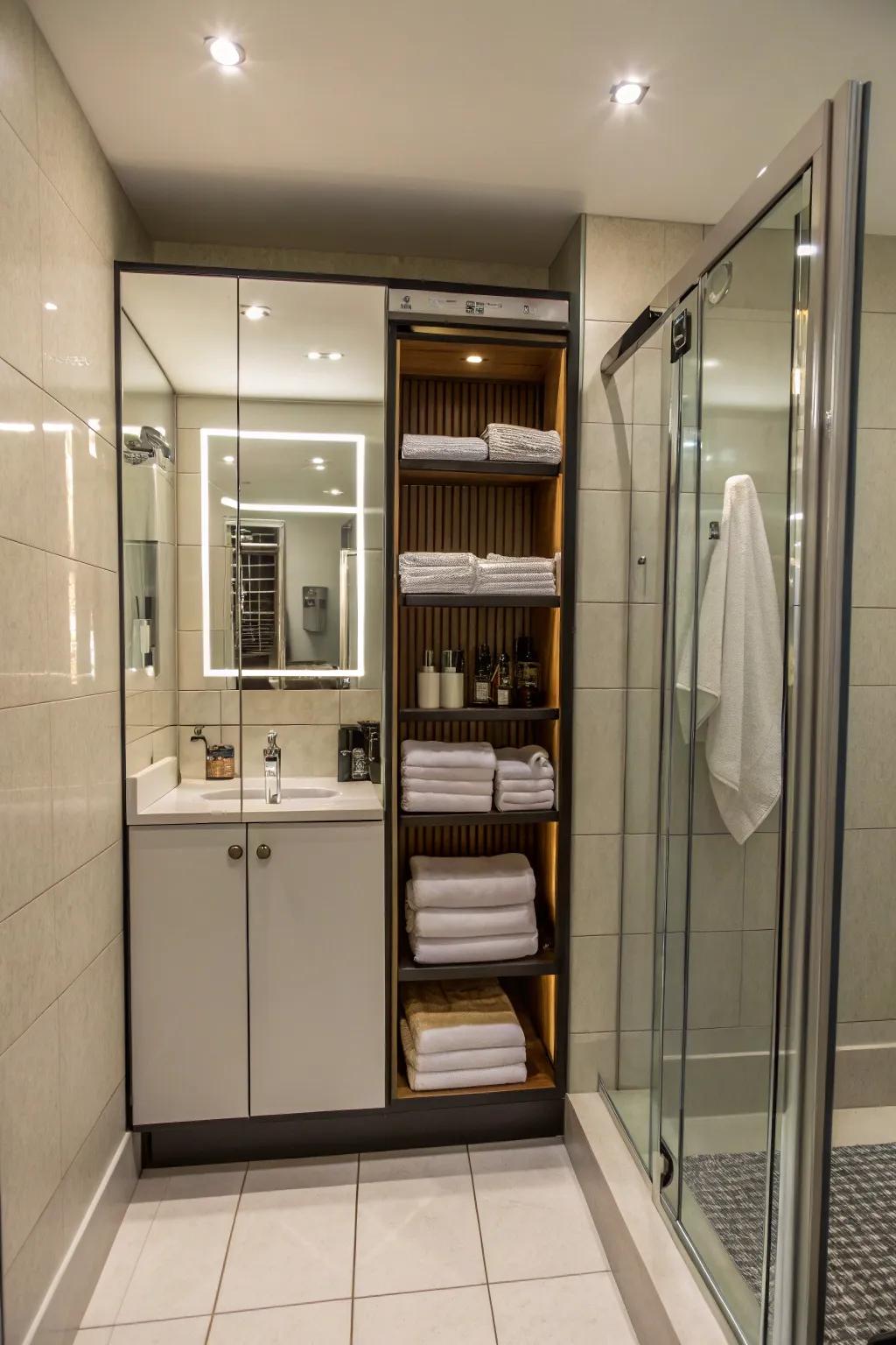 Mirrored storage units fuse utility with aesthetic allure.