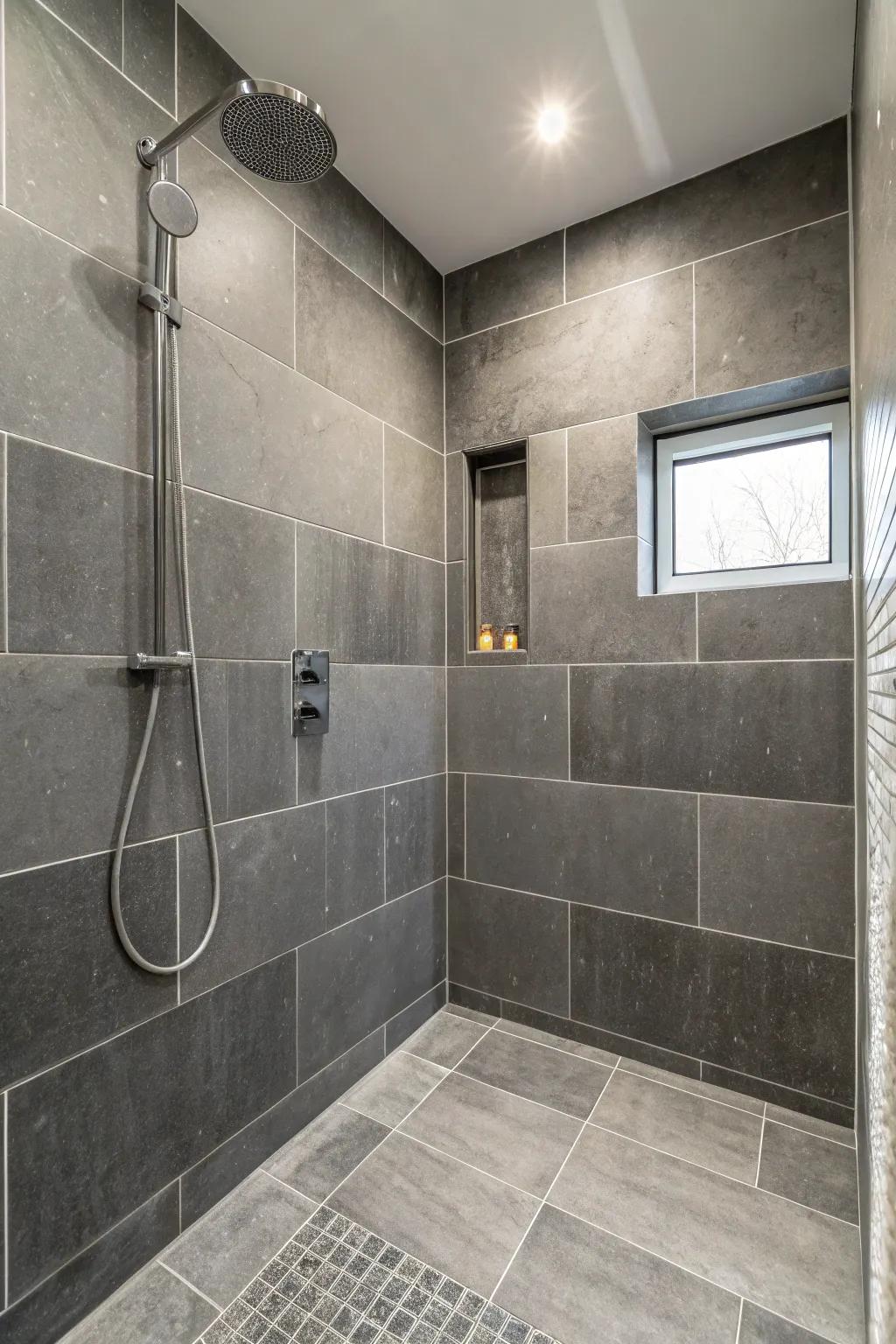 A capacious sensation owing to generously proportioned grey tiles within a shower.