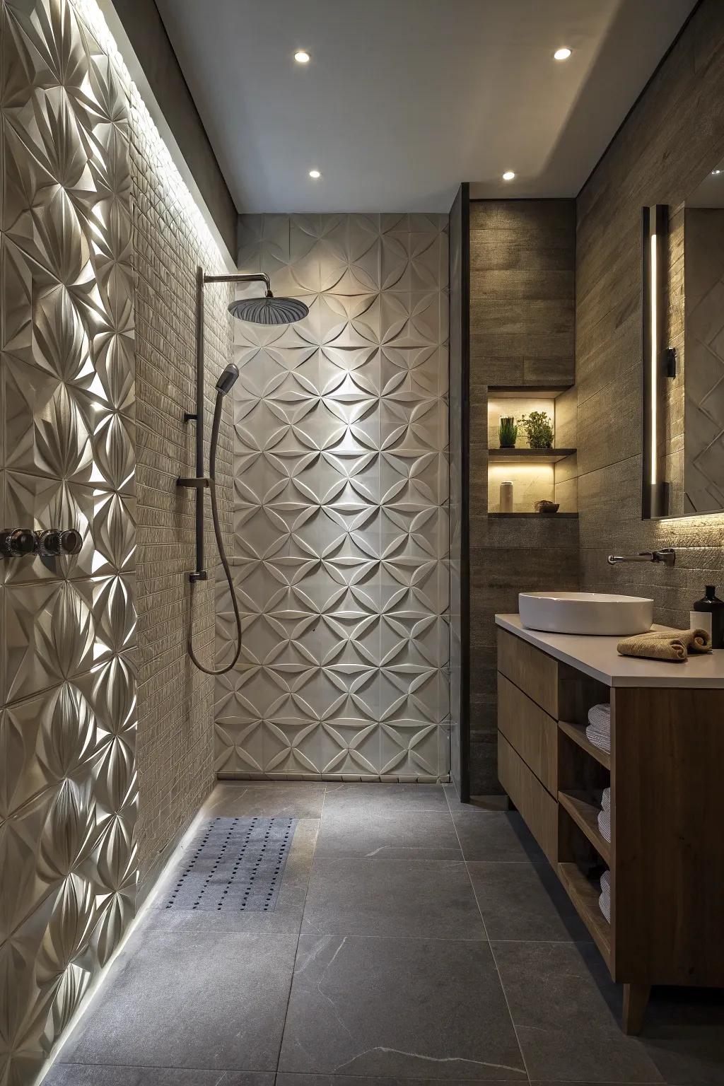 Carved tiles contribute depth and artistic flair to your shower.