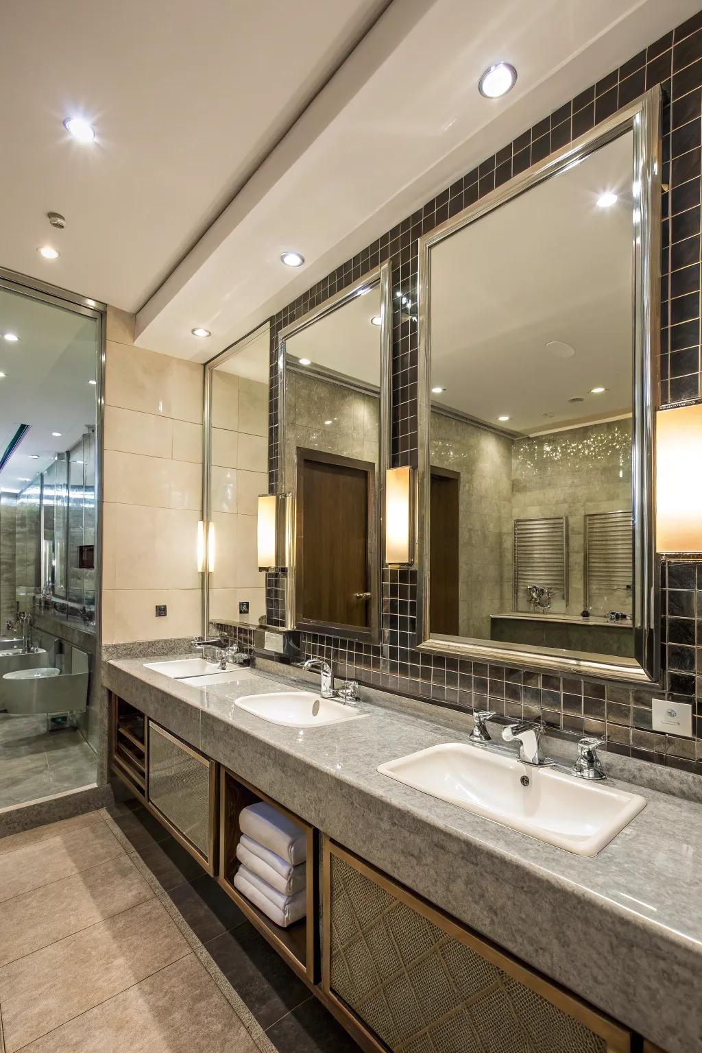 Mirrors enhance space and light in the bathroom.