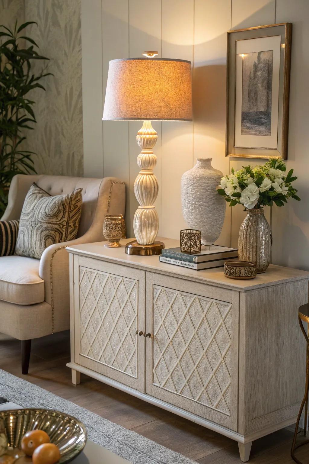 A desk luminary on a credenza provides both functional and stylish lighting.
