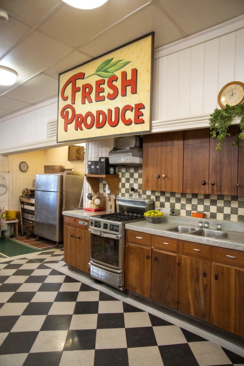 A retro styled kitchen presents a vintage 'Fresh Produce' grocer display.