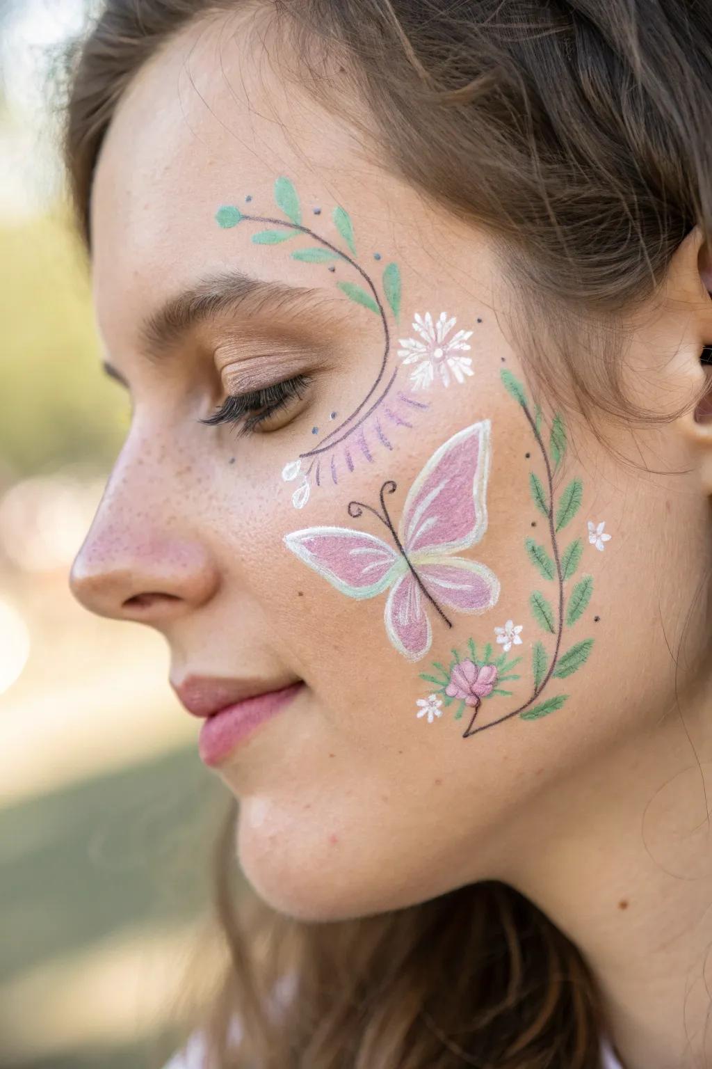 Welcome spring with this refined butterfly visage art enhanced with flower accents. A seamless mix of minimalist charm and bohemian flair.