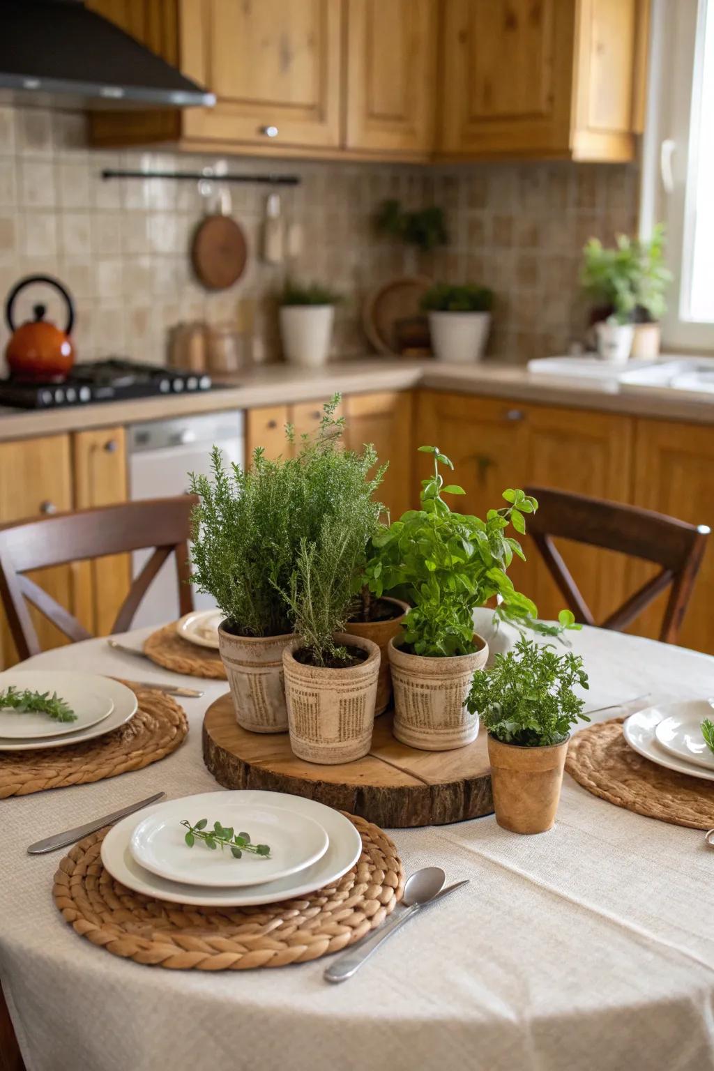 Pot herbs in rustic vessels provide a fragrant and green centerpiece.
