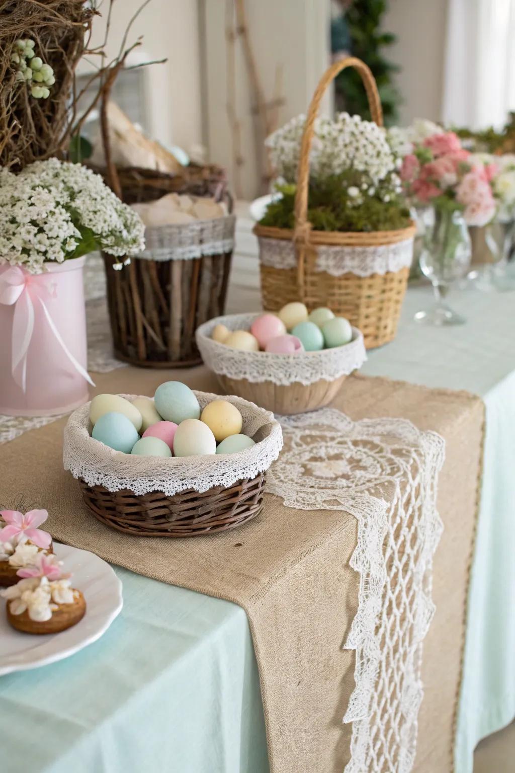 Layered surfaces bring depth to the dining setup.