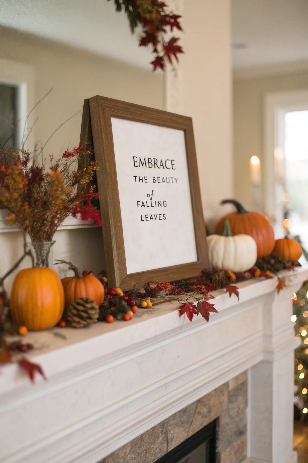 A framed seasonal passage adding personality to the mantel.