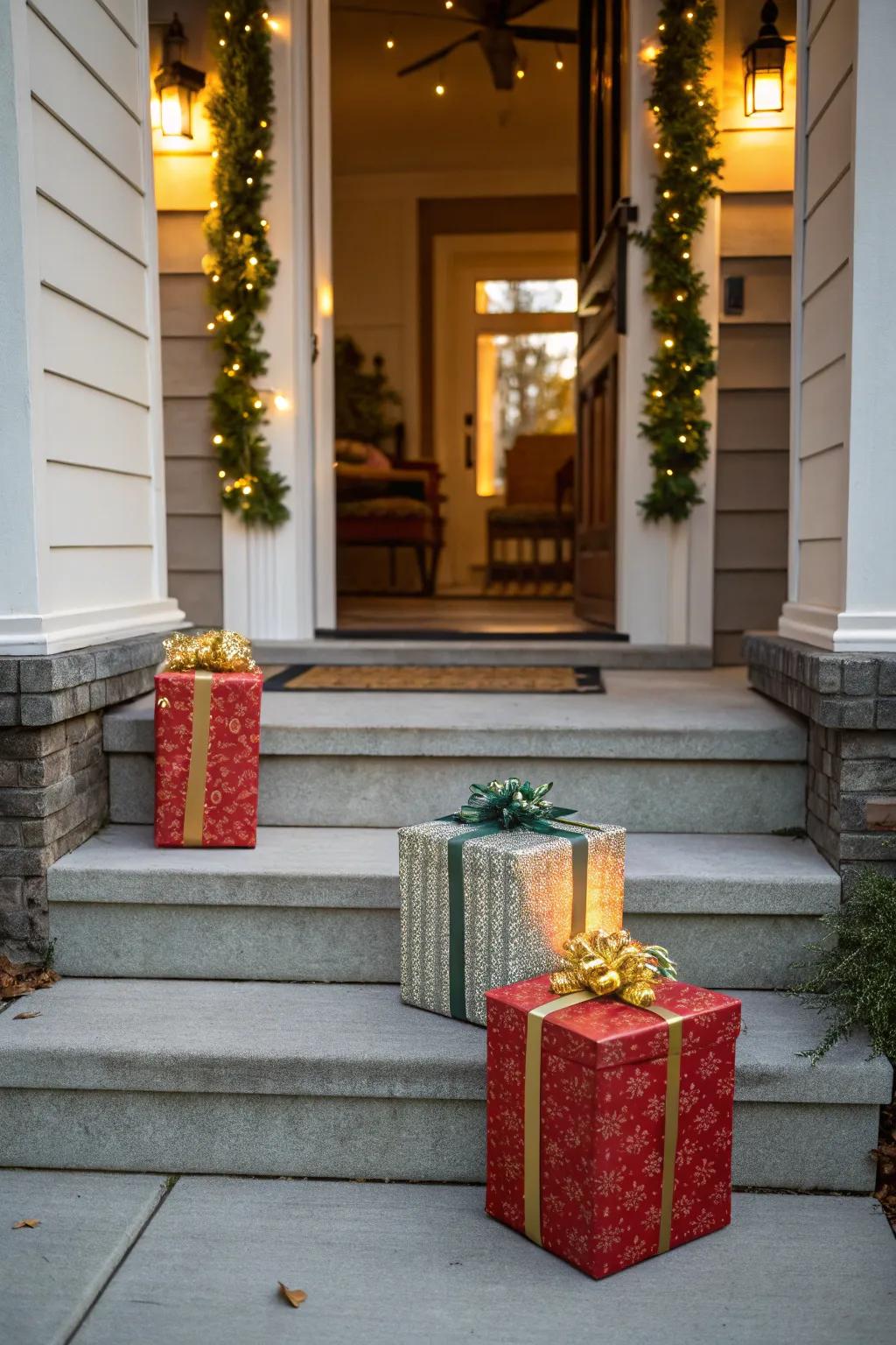 Parcels adorning the steps infuse a festive and inviting atmosphere.