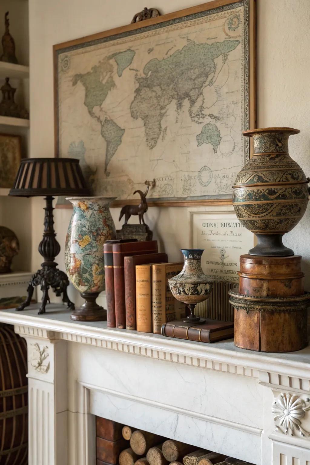 Unforeseen components lend this mantel an engaging spin.