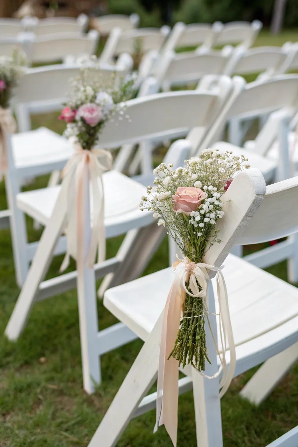 Wedding chairs are beautifully decorated with simple ribbons and flowers.