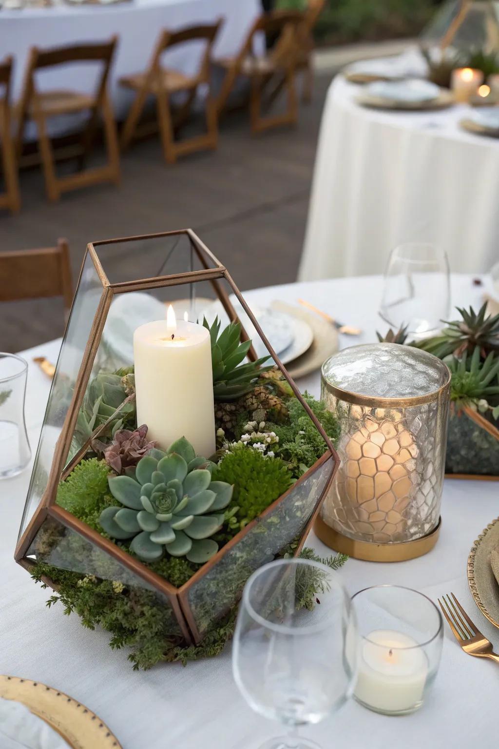 Geometrical glasshouses contribute a modern stroke to the decorations.