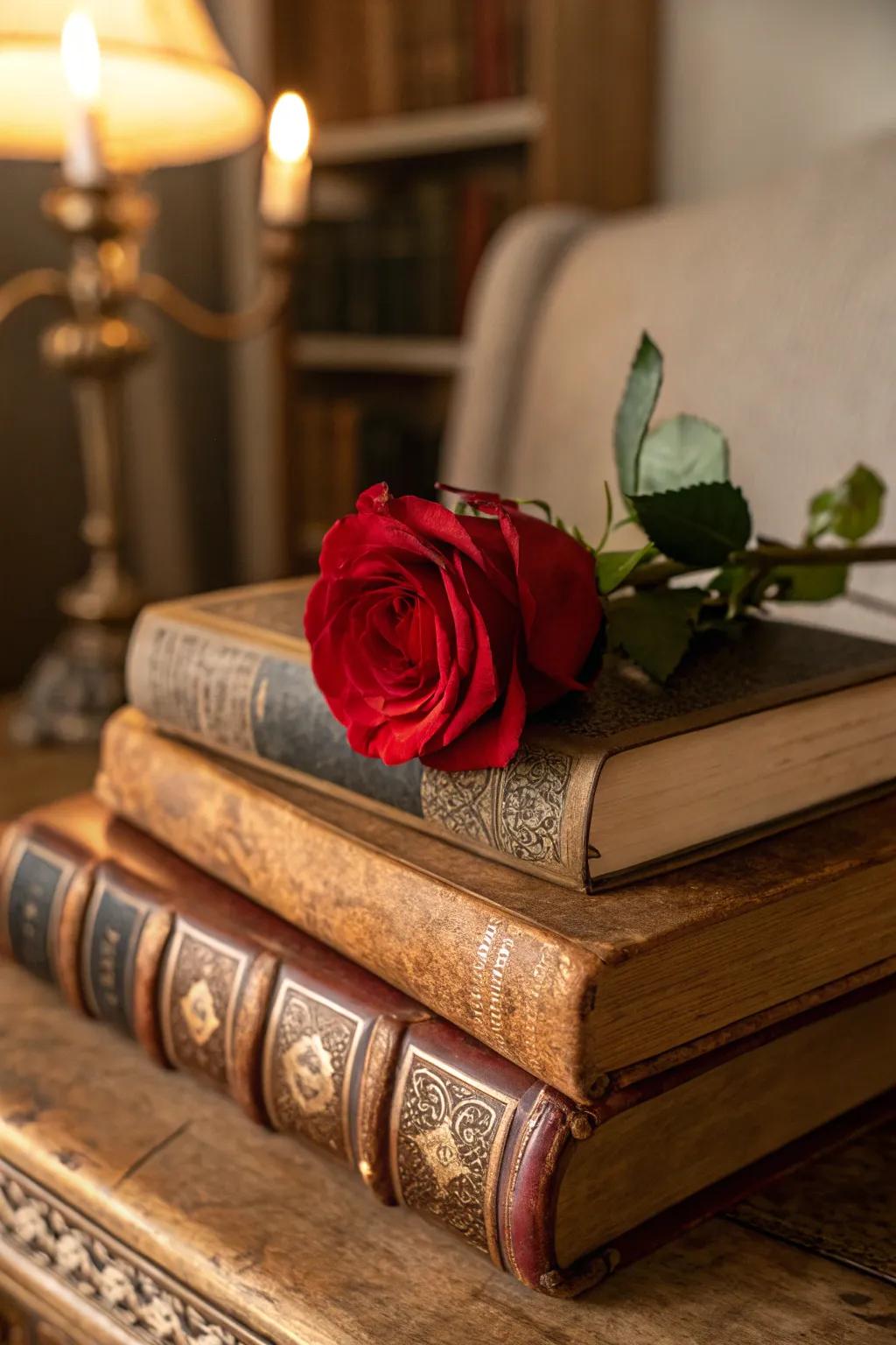 A rose on books imparts a literary charm to your interior design.