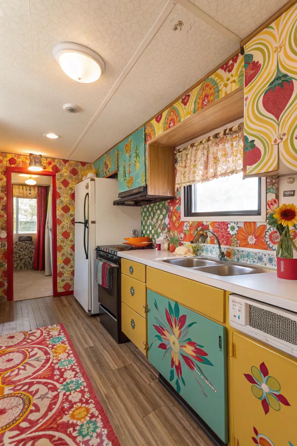 Patterned wall covering makes a striking statement.