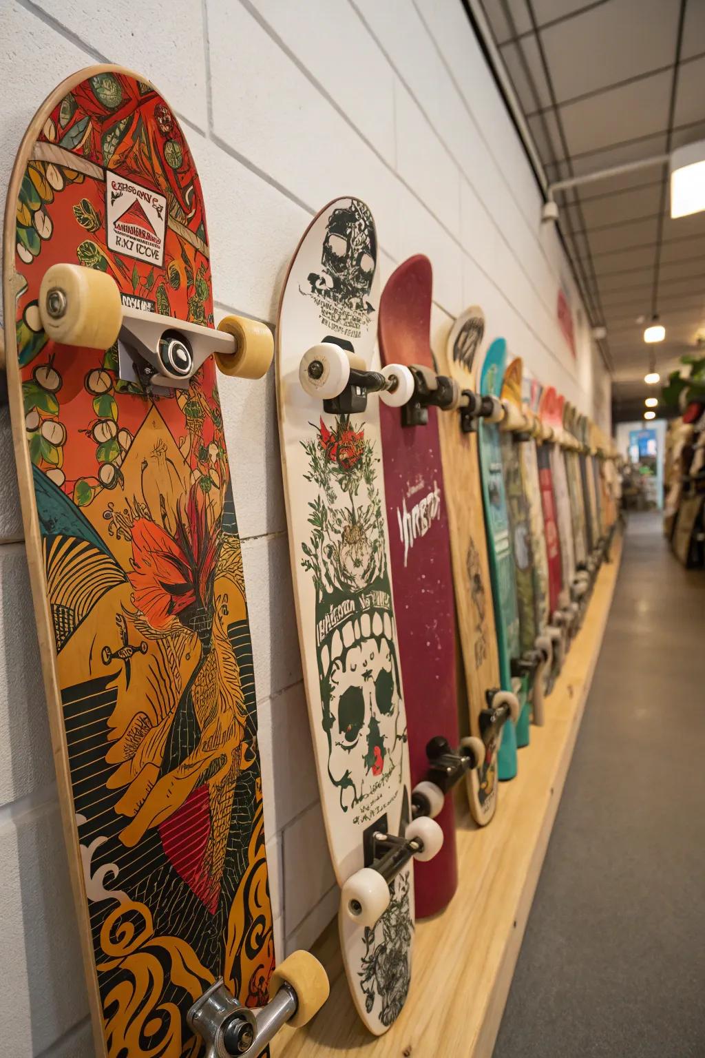 Mix styles for a fun skateboard display.
