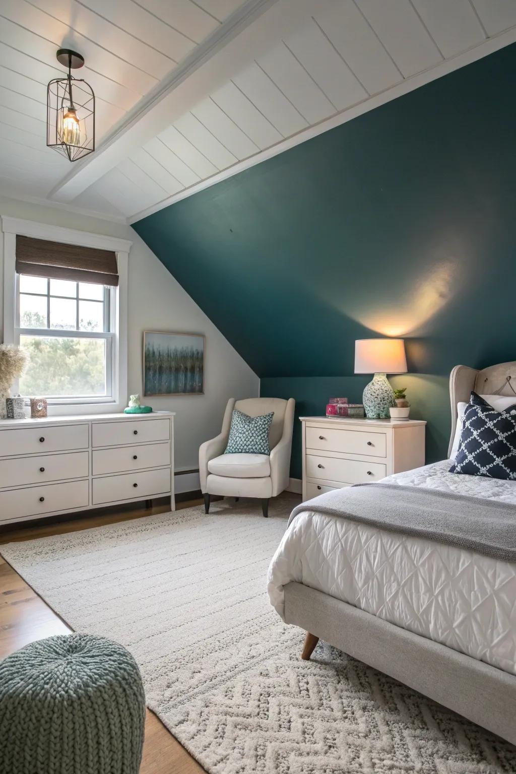 The gradient painting effect gives the illusion of more height and space in this elegant bedroom.