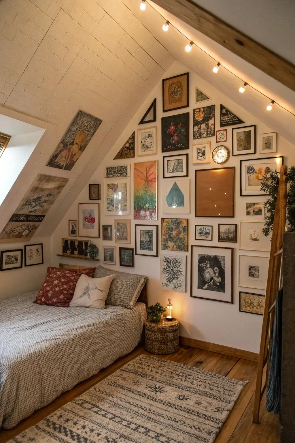 An art wall in an attic bedroom adds personal flair.