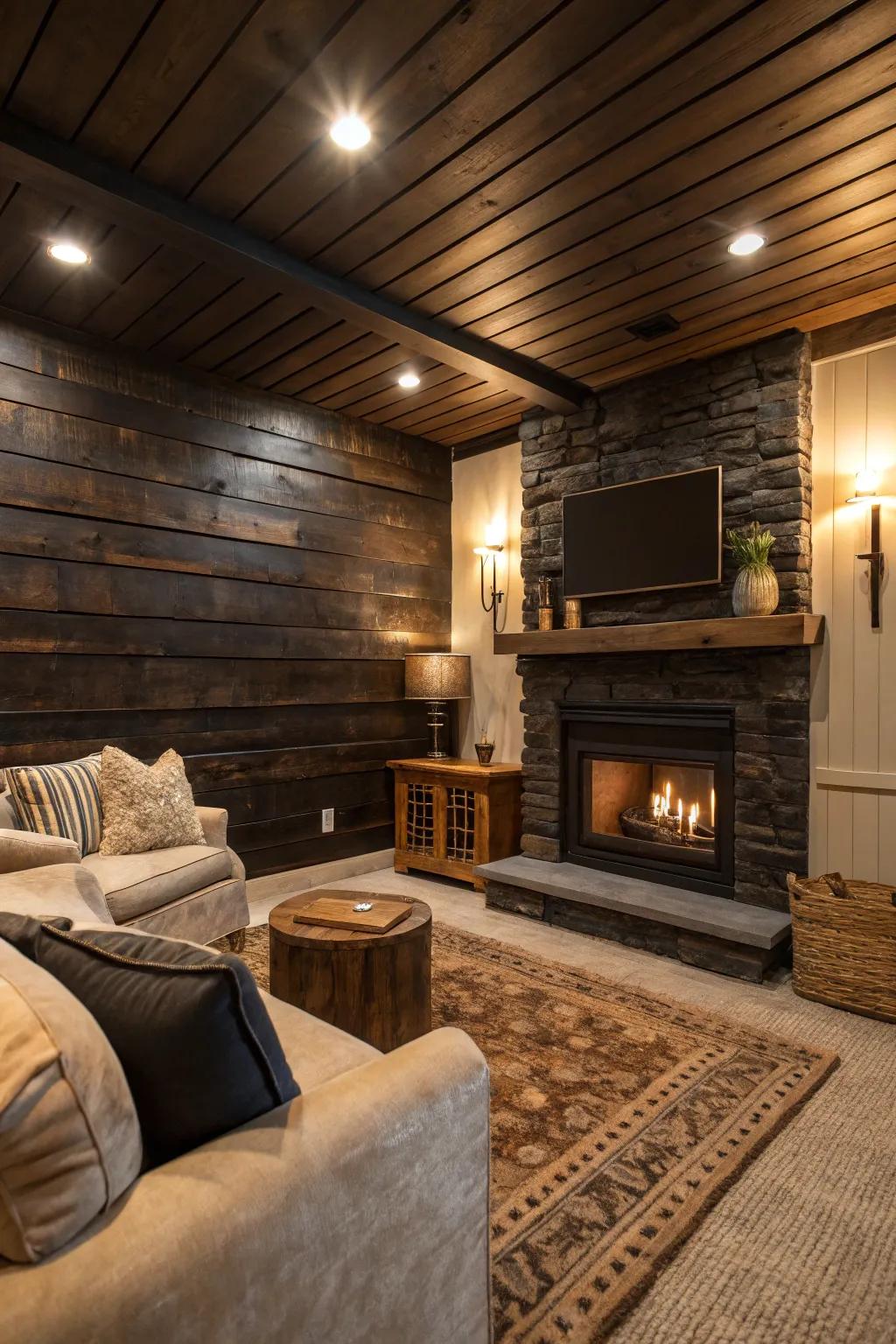 A cozy den enhanced with dark wood-look plank walls that exude both drama and sophistication.