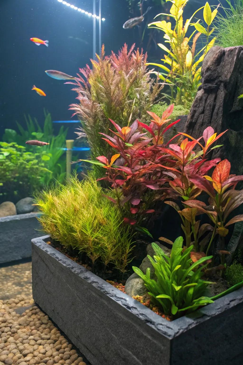 Lavish slate seedbeds thriving within an aquarium.