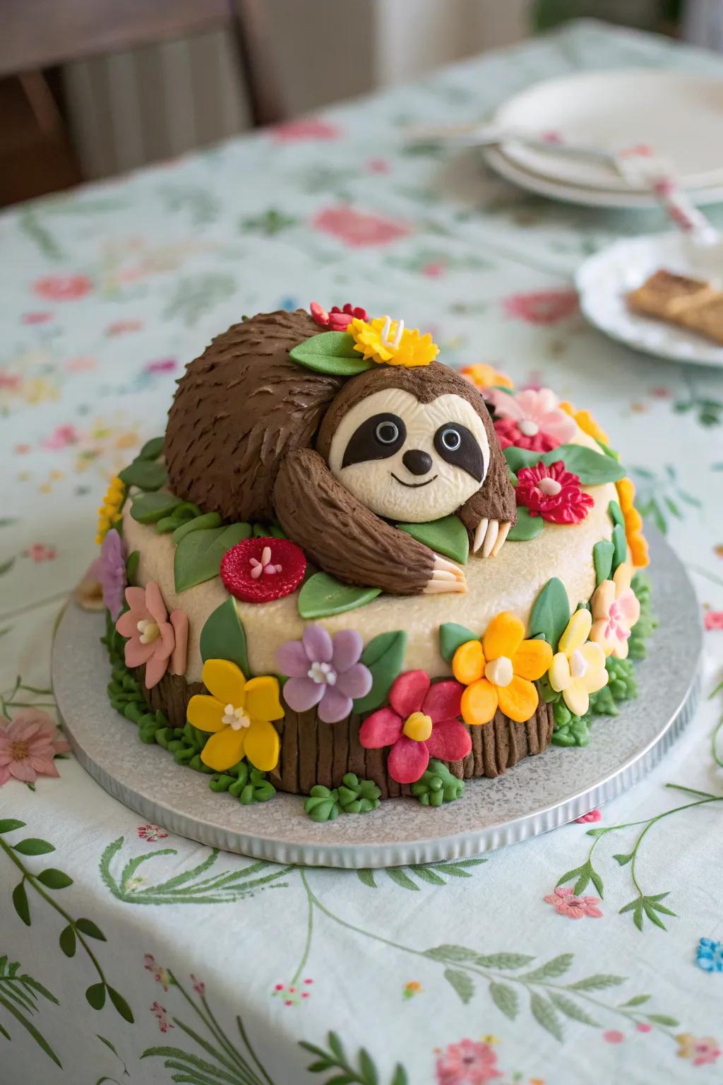 Edible flowers make this sloth cake bloom.