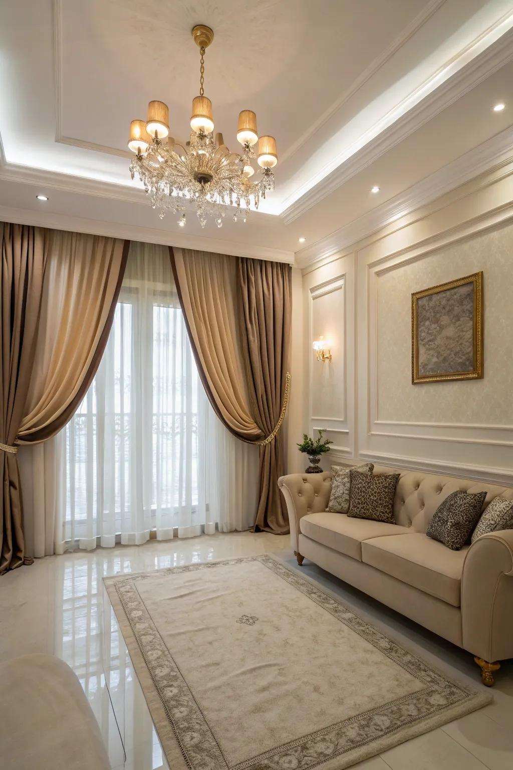 High curtains make the room feel taller and more elegant.