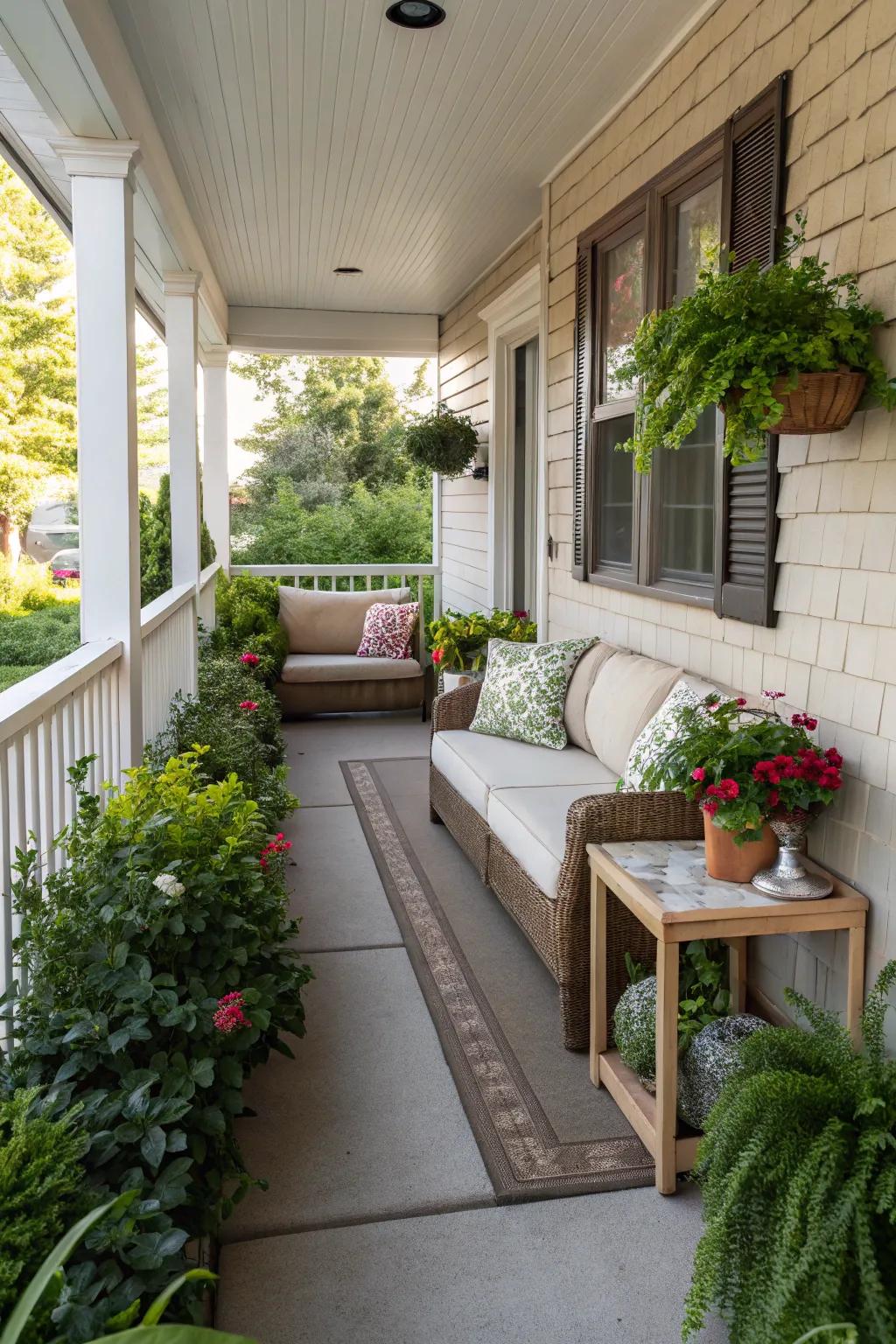 Dividing a small porch for seating and greenery maximizes its utility.