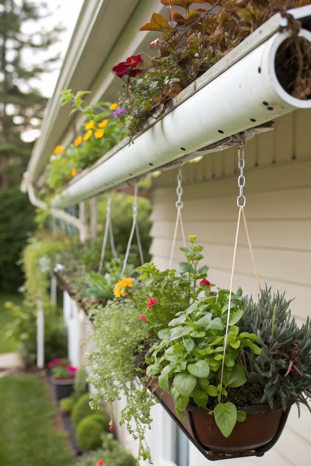 Innovative use of rain gutters turns a wall into an appealing green space.