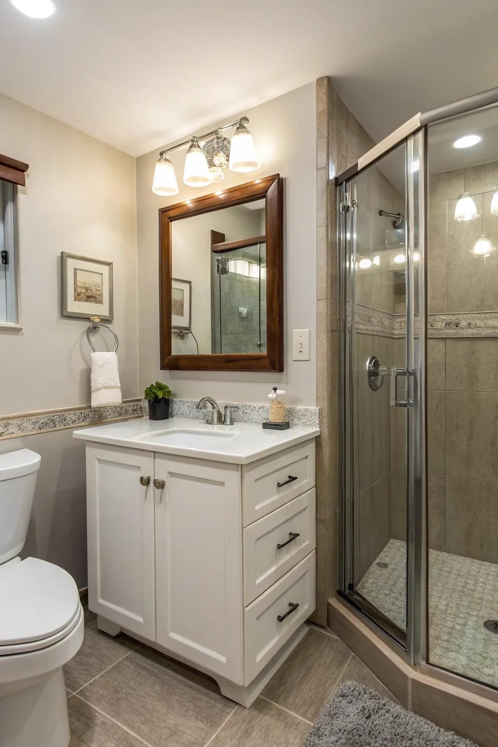 A nook vanity that maximizes space and adds functionality to a compact bathroom.